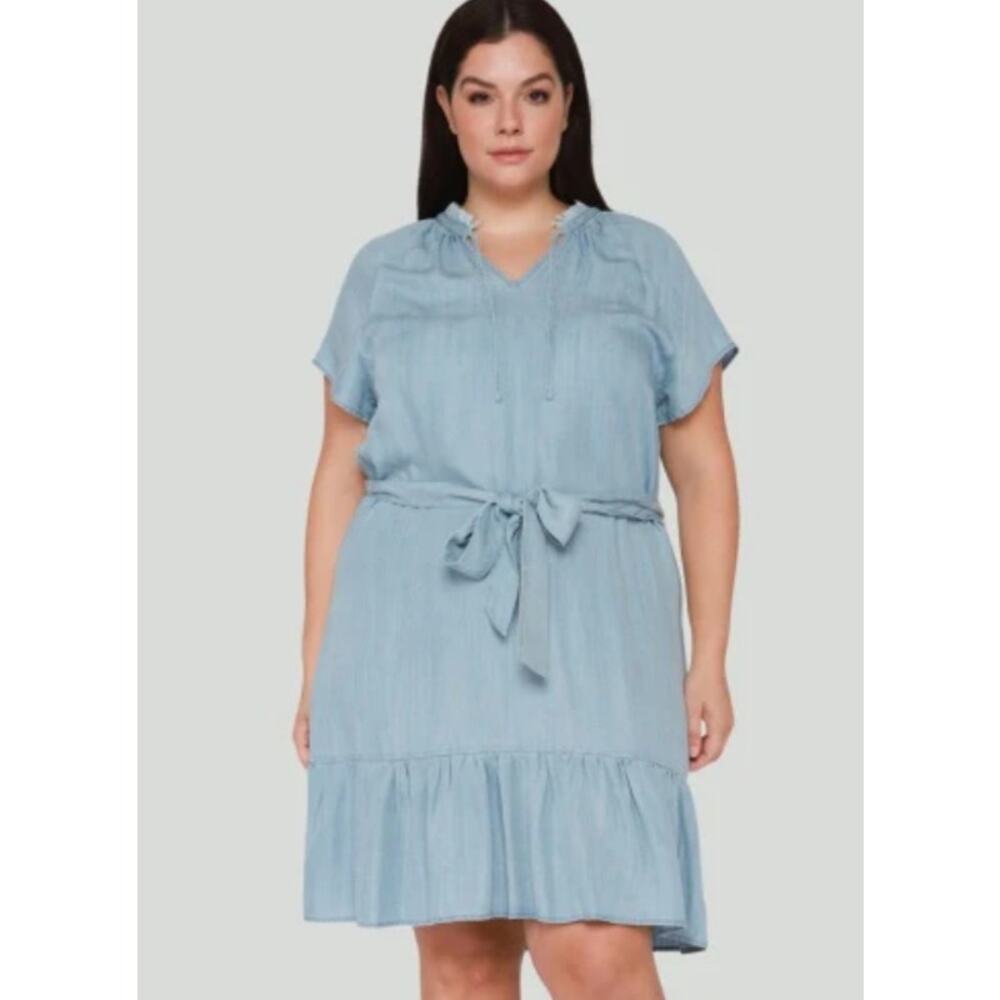 Dex Chambray Dress 3X Short‎ Sleeve Western Cowgirl Ruffle Raw Hem Neckline Soft
